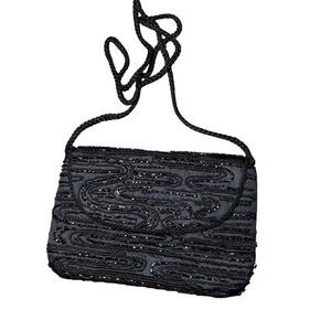 Black beaded satin style dressy special occasion cross body or clutch purse